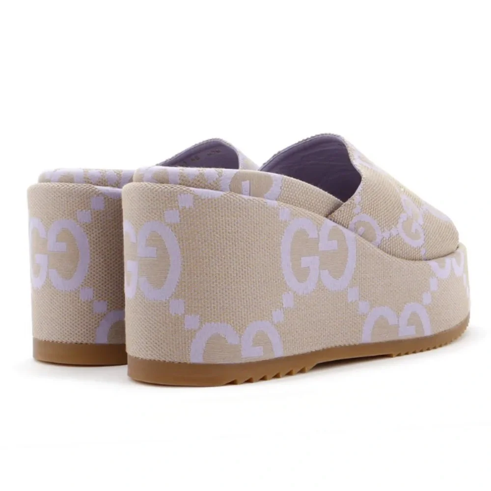 Gucci Beige and White GG Canvas Platform Slide Sandal